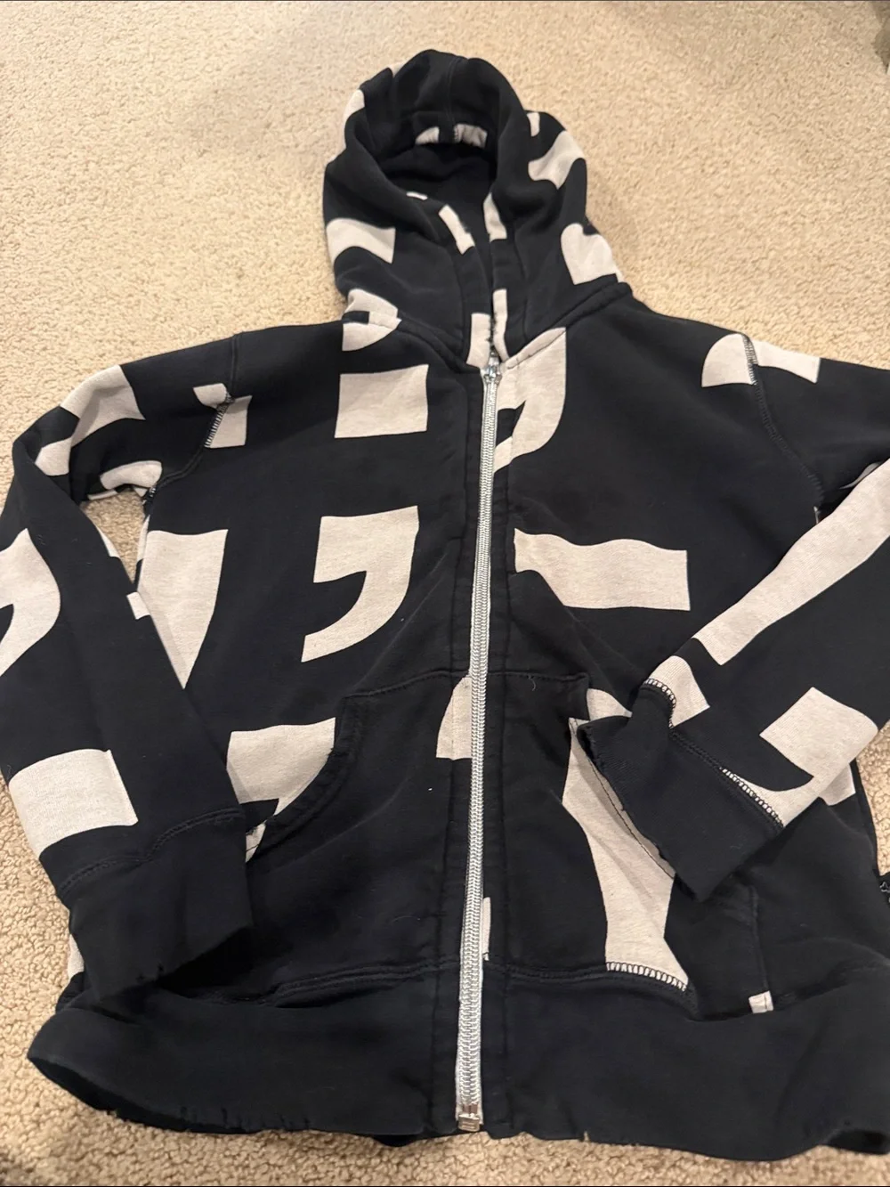 nununu Black Zip Hoodie with Cream Graphic Blocks